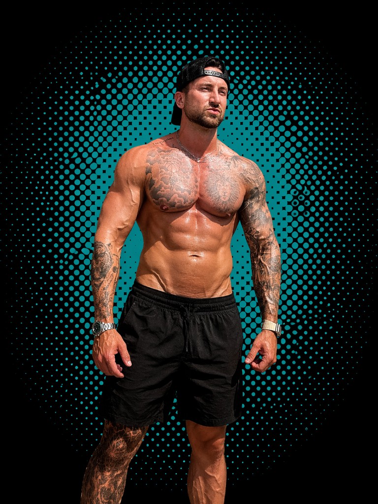 Athlete standing full-length — defined abs and chest, arm and leg tattoos, backward cap and black shorts; teal halftone circle on black for the Ripped path