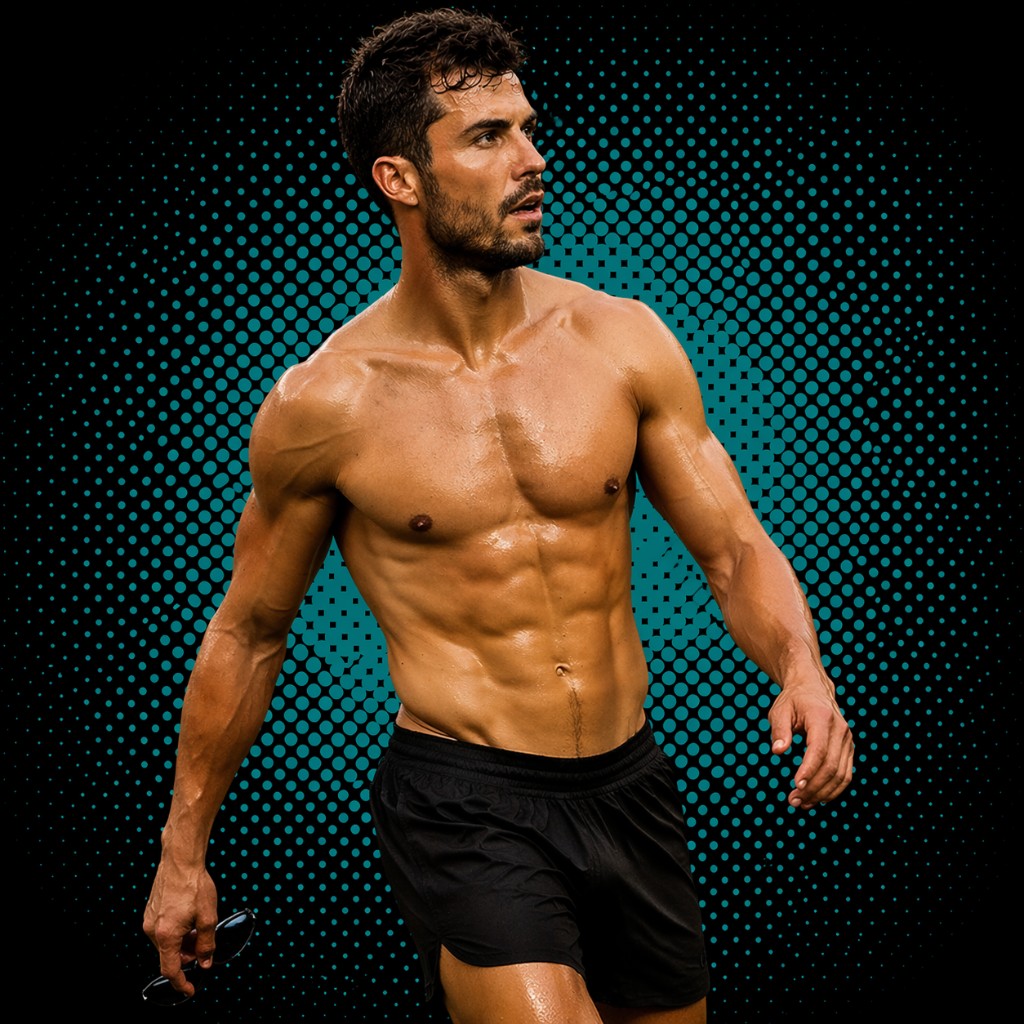 Lean, defined athlete in motion — abs, arms, and shoulders with teal halftone backdrop for the Shredded path