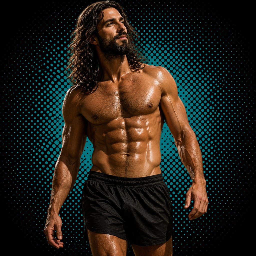Waist-up portrait of a highly defined athlete with long hair and beard — chest, abs, and arms, teal halftone halo on black for the Superhuman path