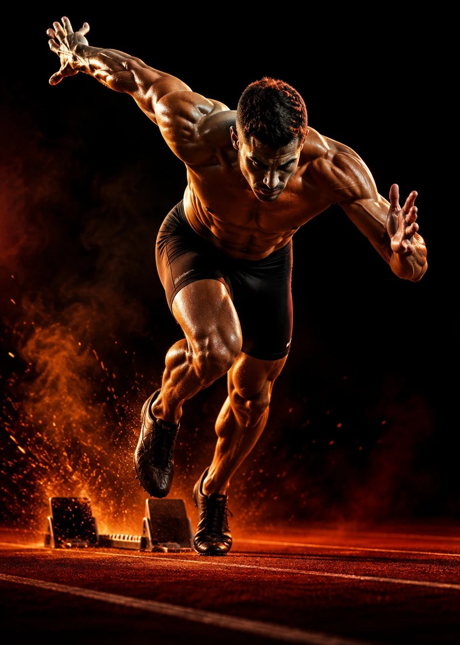 A sprinter driving out of the starting blocks on a track